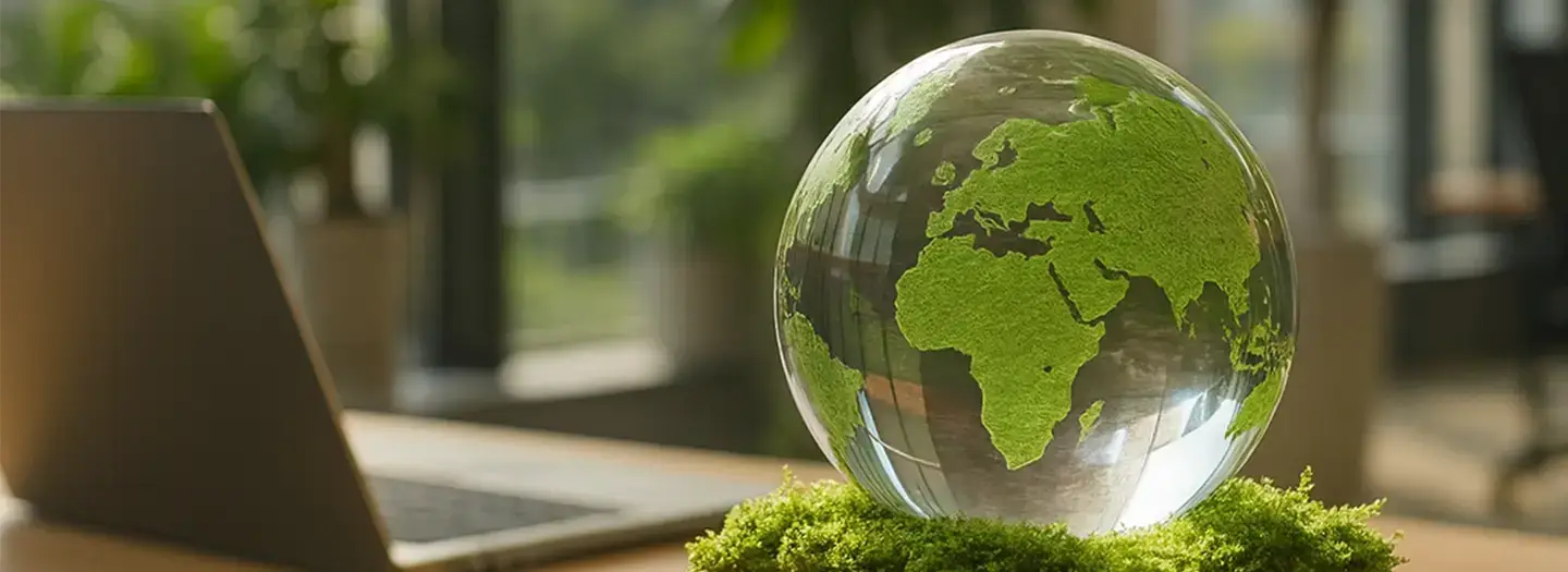 A zoomed in glass globe with green continents in the middle and a computer to the left with blurry office landscape around it. Office Furniture Connection works in the circular economy to provide a cleaner planet.
