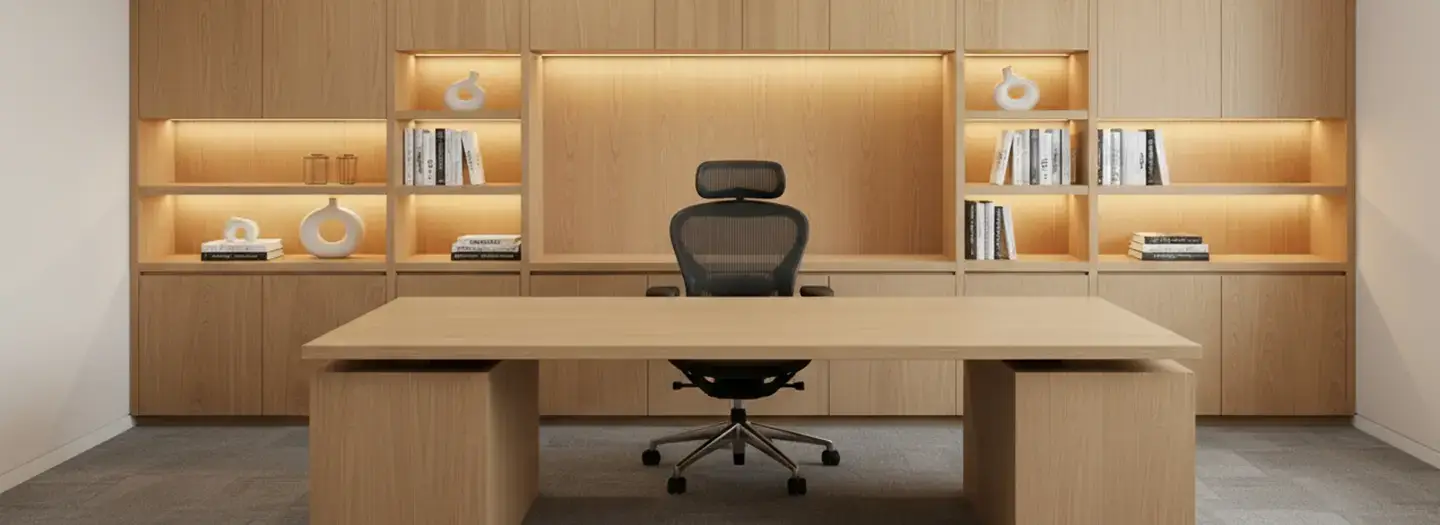 Gorgeous transitional CONNECT custom private office built by Office Furniture Connection with light wood laminate sit-stand desk, built-in wall unit with credenza, overhead and wardrobe storage, and black task chair.