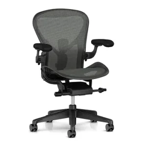 Refurbished Aeron: Herman Miller black, mesh back, ergonomic, fully adjustable Aeron chair. Used task chair refurbished by OFC. Perfect in addition to remanufactured office furniture.