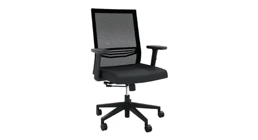 New COE Oslo mid-back task chair offered by Office Furniture Connection – sculpted mesh back with built-in lumbar, adjustable TPU arms, seat slider, and multi-lock synchro-tilt in sleek black or grey frames.