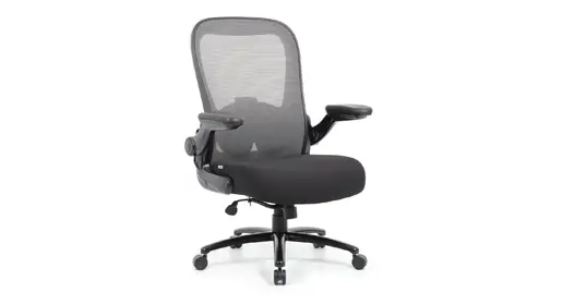 New COE Ryde Big & Tall task chair ready to purchase from Office Furniture Connection – 400 lb rated with breathable mesh back, flip-up arms, heavy-duty tilt tension, and extra-wide cushioned fabric seat.