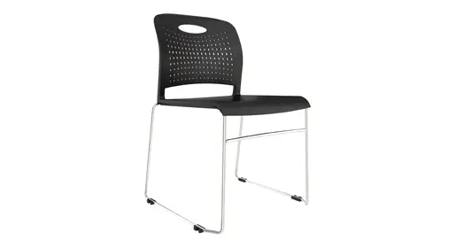 New AIS Triad multi-purpose cafe chair from Office Furniture Connection – lightweight polypropylene shell in multiple colors, perforated flexible back for breathability, polished chrome wire frame, and extreme 40-high dolly stacking with optional tablet arm for ultimate versatility in dynamic cafeterias and training areas.