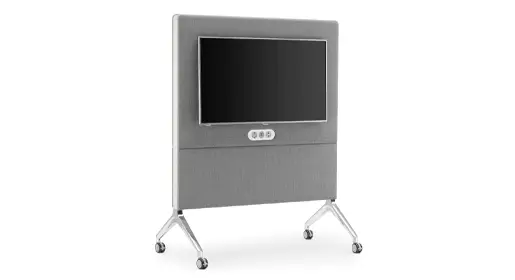 Freestanding BOSS mobile media wall with upholstered gray fabric panel, mounted large flat-screen TV, integrated controls, and sleek metallic legs with casters for easy mobility, shown in a minimalist white studio setting. Versatile presentation station ideal for flexible office environments available through Office Furniture Connection in Houston TX.