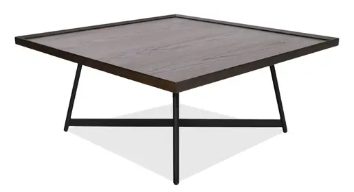 COE Declan modern square occasional table featuring a dark wood-grain laminate top and sleek black metal legs with a cross-brace base, displayed against a clean white studio background. Stylish accent piece for office lobbies or waiting areas from Office Furniture Connection's collection in Houston TX.