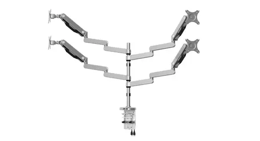 Ergonomic dual monitor mount in sleek silver with adjustable height and width and integrated cable channels shown against white background. Perfect for height-adjustable, clutter-free multi-screen workstations.