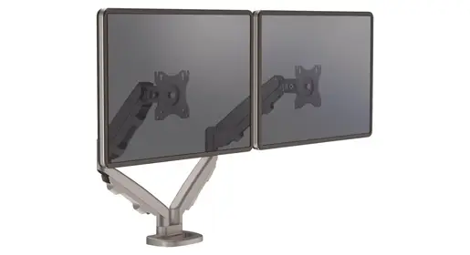 Modern white dual monitor mount with smooth gas-spring height adjustment and clean cable management, displayed on white background. Ideal for ergonomic screen positioning in any office setup.