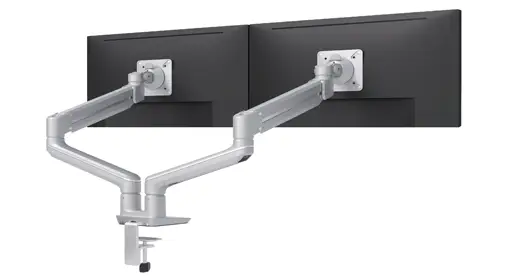 White dual monitor arms featuring effortless gas-spring movement and full tilt-swivel-range, shown against white background. Great for comfortable all-day viewing and healthier posture.