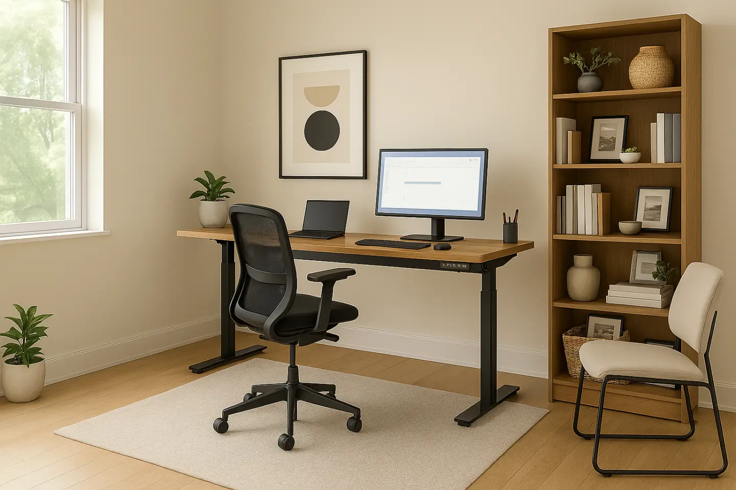 HERO: Modern home office with adjustable height wood-top desk, black ergonomic mesh task chair, tall wood bookcase, laptop and monitor setup, natural light, and neutral decor for productive remote work.