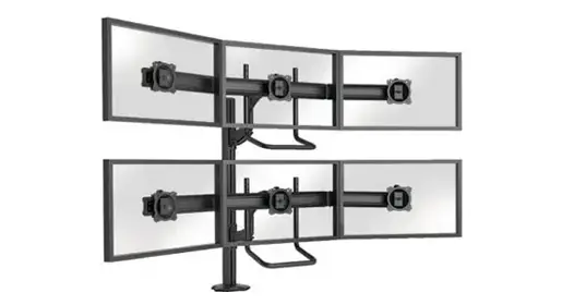 High-performance grommet-mounted six-monitor arm with sleek silver finish and integrated handles, shown against white background. Fingertip focal-depth, tilt, swivel and cable management for ergonomic collaboration in trading desks, control rooms and healthcare stations.