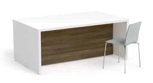 Logiflex Link Collaboration Tables: Contemporary white colloaboration desk with clean lines, featuring a recessed warm wood-grain front panel for added texture and white lamiante waterfall edges, accompanied by a single light gray modern chair, set against a white studio background. Professional and stylish choice for open areas from OFC's durable office tables.
