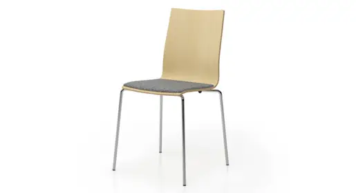 New Logiflex Madrid minimalist cafe chair sold by Office Furniture Connection – low-profile stackable guest seating with customizable fabric upholstery, high or low back heights, and sturdy metal frame in satin nickel or matte black for adaptable, modern collaborative or cafeteria setups.