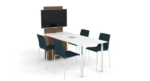Logiflex Multimedia contemporary white rectangular conference table with built-in power grommet and wooden media panel supporting a large mounted monitor, surrounded by four teal-upholstered chairs with white metal frames, displayed against a plain white backdrop. Professional setup for video conferencing and presentations among OFC's high-quality media-focused office tables.