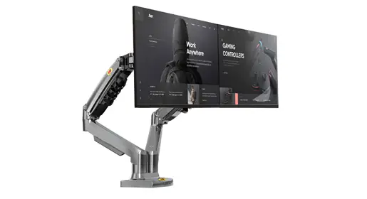 Sturdy black dual monitor arm with spring-lift height adjustment, hidden cable channels, and clamp/grommet mounting options shown against white background. Perfect for comfortable multi-screen setups and clean, professional workstations.