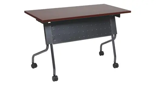OFD Nest mobile flip-top training table with a rich mahogany laminate rectangular top, perforated black metal modesty panel, and sturdy gray metal folding legs on casters for easy storage and mobility, shown against a clean white studio background. Practical and space-saving solution for multi-purpose rooms from Office Furniture Connection in Houston TX.