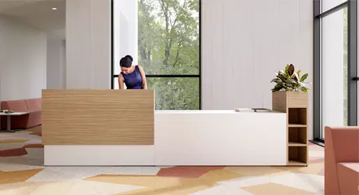 Modern custom CONNECT series planter high table with thriving snake plants in rectangular white planter attached to counter, paired with black bar stools in bright contemporary break room – new biophilic office dividers and planters for sale Houston TX at Office Furniture Connection, ideal for collaborative zones.