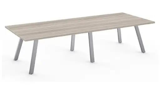 Special T - Aim XL elegant long rectangular conference table in light gray wood-grain finish, supported by sleek angled brushed metal legs, set against a simple white backdrop. Contemporary and minimalist choice for modern conference rooms among OFC's high-quality office tables.