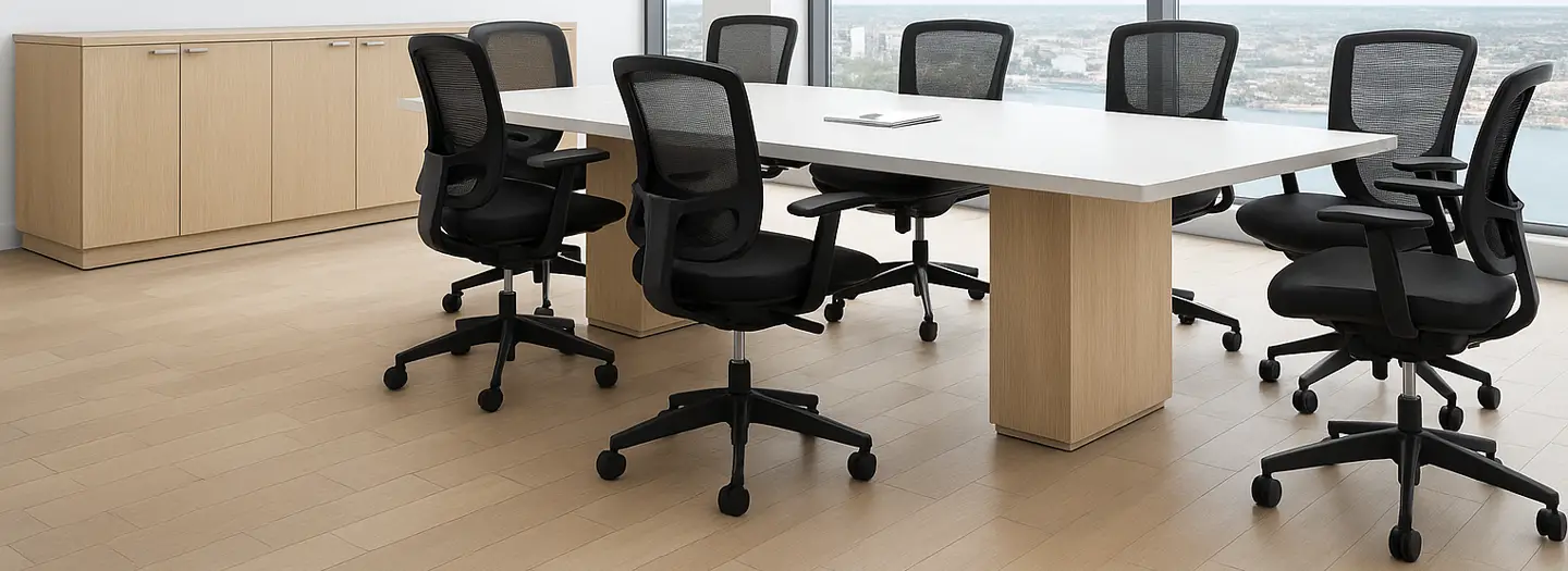 Modern executive conference room with a rectangular 10-seat white laminate top and light wood laminate bases conference table, seven black mesh ergonomic chairs, matching credenza with wall-mounted TV, and large floor-to-ceiling windows overlooking a bay area. Ideal for professional board meetings and client presentations.