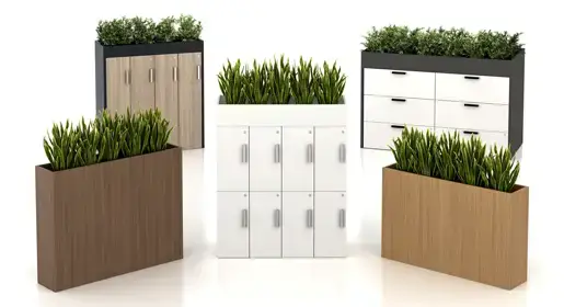 Modular dry planters with lush green faux plants integrated into the top of white laminate locker units, lateral files and planters, arranged in a clean white studio setting. Ideal for green design and space division in offices, enhancing wellness and visual appeal without maintenance.
