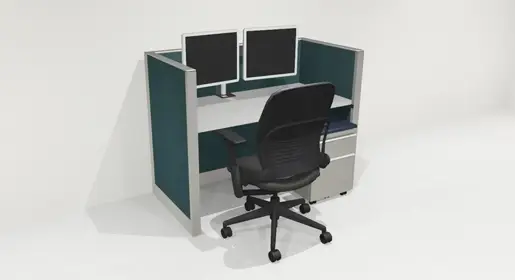 3D rendering of 1 Knoll Morrison remanufactured office furniture cubicle: 4' x 2' 42" high teal fabric panels, grey trim and worksurface with dual monitor arm and mobile box/file pedestal used for call centers and hybrid working. A refurbished Steelcase Leap task chair in black fabric completes the workstation.