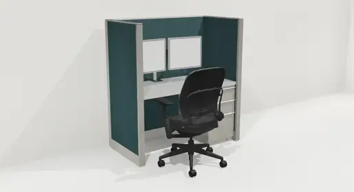 3D rendering of 1 Knoll Morrison remanufactured office furniture cubicle: 4' x 2' 56" high teal fabric panels, grey worksurface and trim with dual monitor arm and box/box/file pedestal used for call centers and hybrid working. A refurbished Steelcase Leap chair in black fabric completes the workstation.