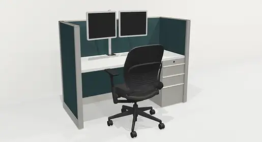 3D rendering of 1 Knoll Morrison remanufactured office furniture cubicle: including 5' x 2' 48" high teal fabric panels, white worksurface and trim with dual monitor arm and box/box/file pedestal used for call centers and hybrid working. A refurbished Steelcase Leap chair in black fabric completes the workstation.