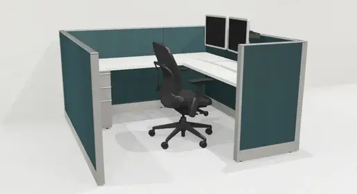 3D rendering of 1 Knoll Morrison remanufactured office furniture cubicle: including 6' x 6' 42" high teal fabric panels, white worksurfaces and trim with dual monitor arm and box/box/file pedestal. A refurbished Steelcase Leap chair in black fabric completes the workstation.
