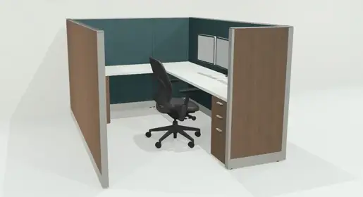 3D rendering of 1 Knoll Morrison remanufactured office furniture cubicle: 6' x 8' 56"h wood lam. panels, white worksurfaces with dual monitor, box/box/file and file/file pedestals. A refurbished Steelcase Leap chair in black fabric completes the workstation.