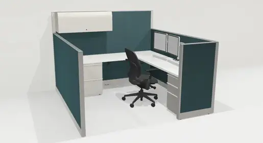 3D rendering of 1 Knoll Morrison remanufactured office furniture cubicle: 7'x7' 64"H, Hi-Lo to 48", teal fabric panels, white worksurfaces with dual monitor, box/box/file, 2-dwr lateral file and closed, lockable overhead strorage. A refurbished Steelcase Leap chair in black fabric completes the workstation.