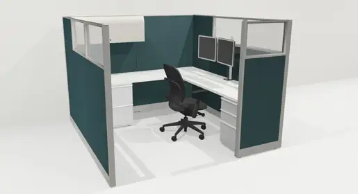 3D rendering of 1 Knoll Morrison remanufactured office furniture cubicle: 7'x7' 64"H with framed glass and teal fabric panels, white worksurfaces with dual monitor arm, box/box/file, 2-dwr lateral file and closed, lockable overhead strorage. A refurbished Steelcase Leap chair in black fabric completes the workstation.