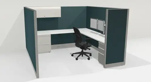 3D rendering of 1 Knoll Morrison remanufactured office furniture cubicle: 8'x8' 64"H with teal fabric panels, white worksurfaces with dual monitor arm, box/box/file, 2-dwr lateral file and closed, lockable overhead strorage. A refurbished Steelcase Leap task chair in black fabric completes the workstation.