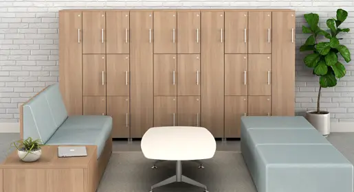 Secure Calibrate light wood laminate lockers (optional digital locks) for personal storage in waiting area with modular lounge seating and benches