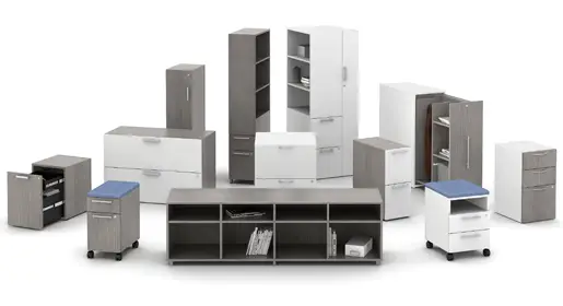 Variety of Calibrate office filing and storage units 28-42 inches high with lateral filing, open shelves, closed cabinets and LEVEL 3 certified sustainable laminate for efficient office organization