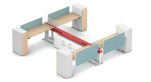 Height-adjustable AIS Encounter 4-person office benching systems with metal leg bases, enclosed laminate wardrobes and lateral files using LEVEL 3 certified low-VOC materials for ergonomic open-plan collaborative hybrid workspaces
