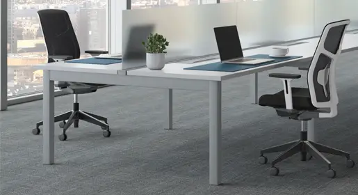 Versatile AIS Oxygen office benching systems with neutral white and grey colors, straight legs, and opaque glass privacy screens and task chair. LEVEL 3 certified sustainable materials for lighter-scale collaborative adaptable workspaces