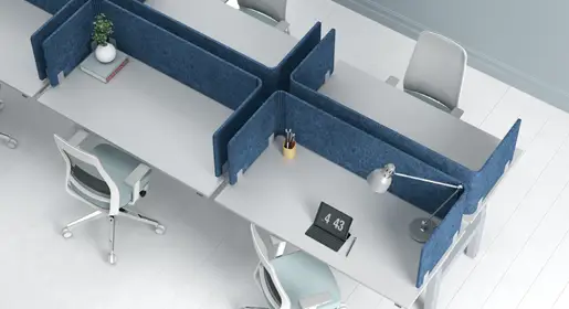 Top view of flexible AMQ Kinex open plan benching with 48x30 inch stations, blue fabric privacy screens on three sides and ergonomic task chair for productive multi-user team-focused collaborative workspaces
