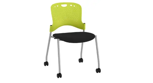 Clear Design Blaze stackable training chair with flexible contoured seat, carry handle, stacks 25 high on dolly – space-saving solution for multi-purpose office training rooms and classrooms
