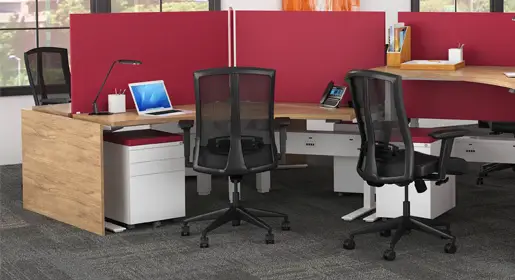 Ergonomic Boost benching pod with 24x48 inch sit-stand worksurfaces, burnt orange fabric privacy screens, white mobile pedestals, below-surface power and data, and black task chair