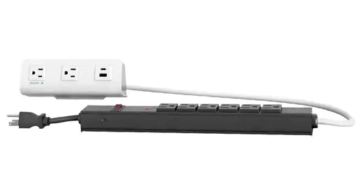 Desktop Power + Power Strip with 2 AC outlets, quick-charge USB-A/C ports, spill-protected design and multiple mounting options for surge-protected hybrid and executive workstations
