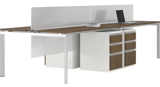 Minimalist Edge 4-person benching in white with durable wood laminate surfaces, matching laminate pedestal fronts and long-span beams for efficient team open-plan environments