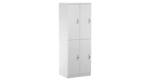 Customizable white lockers in 2-high 2-wide modular layout with compartments, coat hooks and durable construction for team breakroom and entryway storage