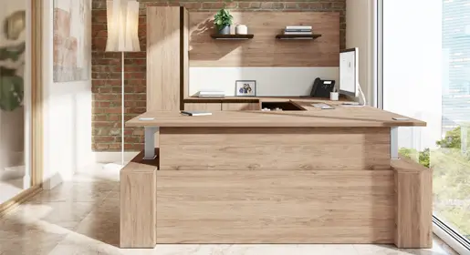 Ergonomic Logiflex Elevation Plus desk with height-adjustable worksurface, light wood option, and eco-compliant North American materials available at Office Furniture Connection