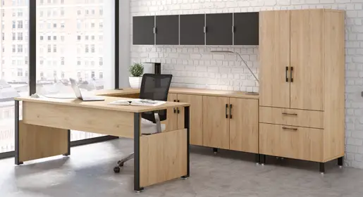Modern Logiflex Level private office with modern metal and wood laminate leg panels, tops up to 60x30 inches. Configuration of desk and credenza with contrasting overhead closed stroage.