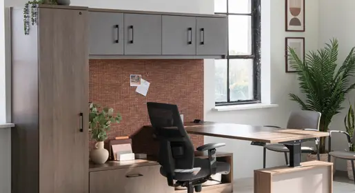Functional Logiflex Millenium L-shaped modular private office with height-adjustable desks, integrated credenza, lateral file and wardrobe tower using eco-focused production for budget-conscious semi-private workspaces