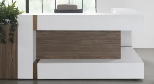 Bold Logiflex Monochrom white block information desk with wood inserts for premium executive and sophisticated lobby environments