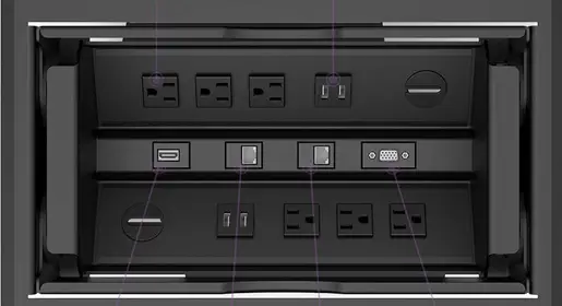 DOCK-800 Series flush tabletop power data hub with 6 AC outlets, 4 USB-A 2.1A ports, CAT6, HDMI, VGA and RJ11 couplers for seamless conference table and collaborative workspace connectivity