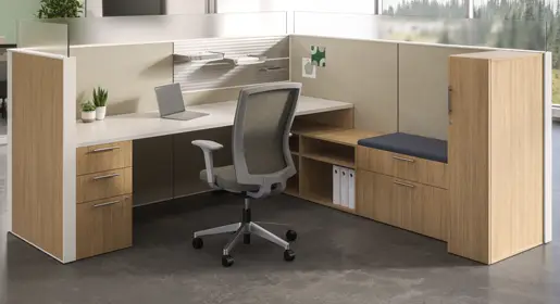 Reconfigurable AIS MATRIX cubicle with,wood laminate and fabric dividers and LEVEL 3 certified sustainability for versatile executive hybrid setups