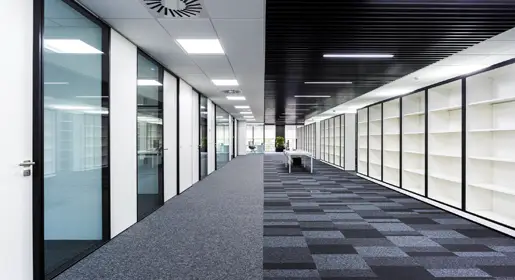 Demountable MetWall architectural walls with solid white and glass panels, 12 feet high, aluminum frames, and 48 dB acoustic, shown in perspective on left side of the image.