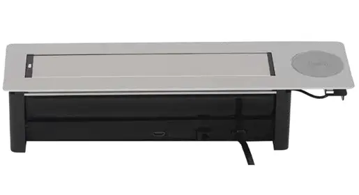 OFD Tabletop Power hub with 3 AC outlets, dual 2.1A USB, HDMI, RJ45, wireless phone charging and spill-resistant flip-up cover for fast-charging conference and hybrid workspace power