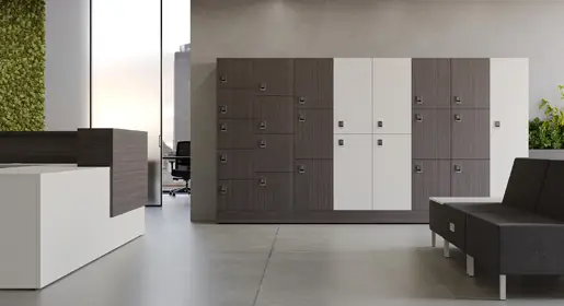 Configurable Logiflex wood laminate lockers with contrasting white doors and a built-in top planter space for bringing nature into team storage areas