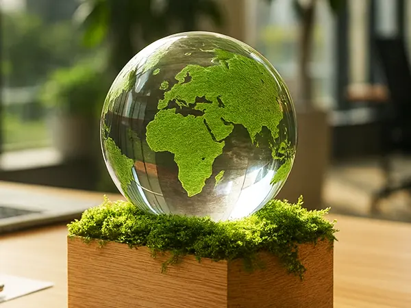 Glass globe covered in green moss symbolizing environmental responsibility on office desk – Office Furniture Exchange diverts tons of premium furniture from landfills through expert sustainable decommissioning and eco-friendly redistribution services.
